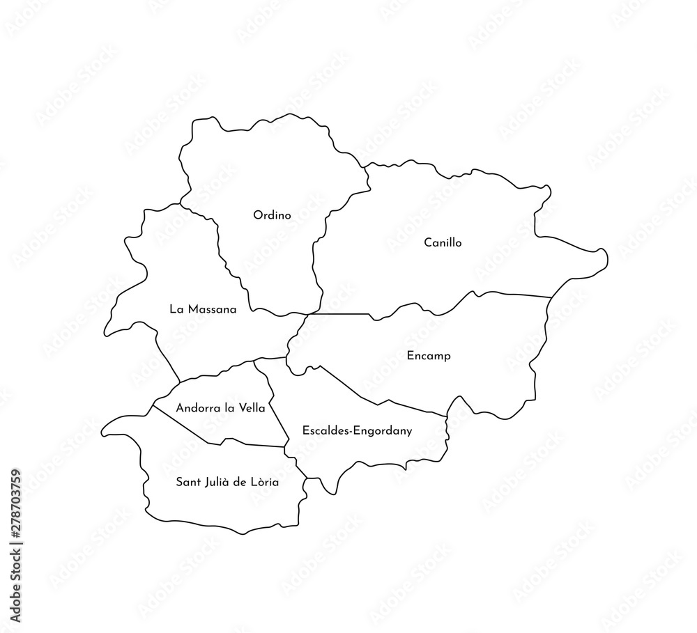 Vector isolated illustration of simplified administrative map of Andorra. Borders and names of the parishes (regions). Black line silhouettes Vector isolated illustration of simplified administrative map of Andorra. Borders and names of the parishes (regions). Black line silhouettes