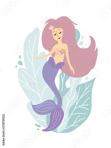 Nursery poster with Mermaid isolated on white background Pastel colors Girl printable art