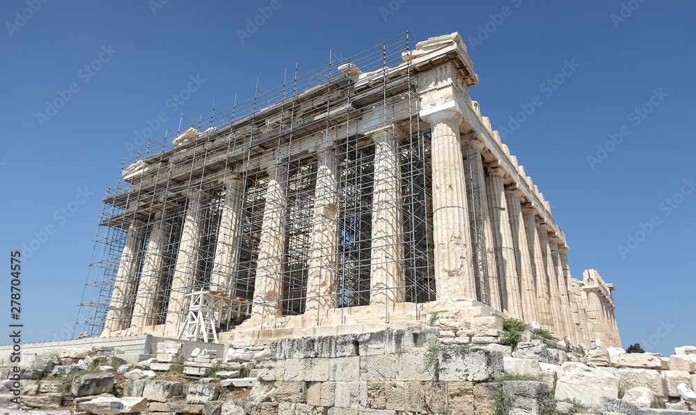 Scenic front view of the Parthenon temple in restoration