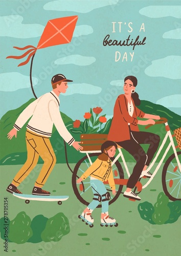 Cute happy family riding bike, skateboard and roller skating outdoors. Smiling mother, father and son performing sports or leisure activity in park. Summer vacation. Flat cartoon vector illustration.