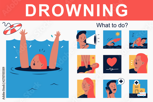 Drowning and what to do vector cartoon infographics.