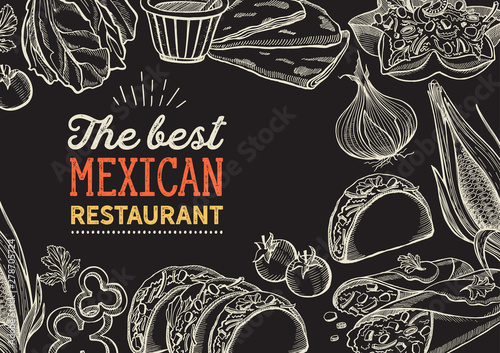 Mexican food illustrations - burrito, tacos, quesadilla for restaurant.