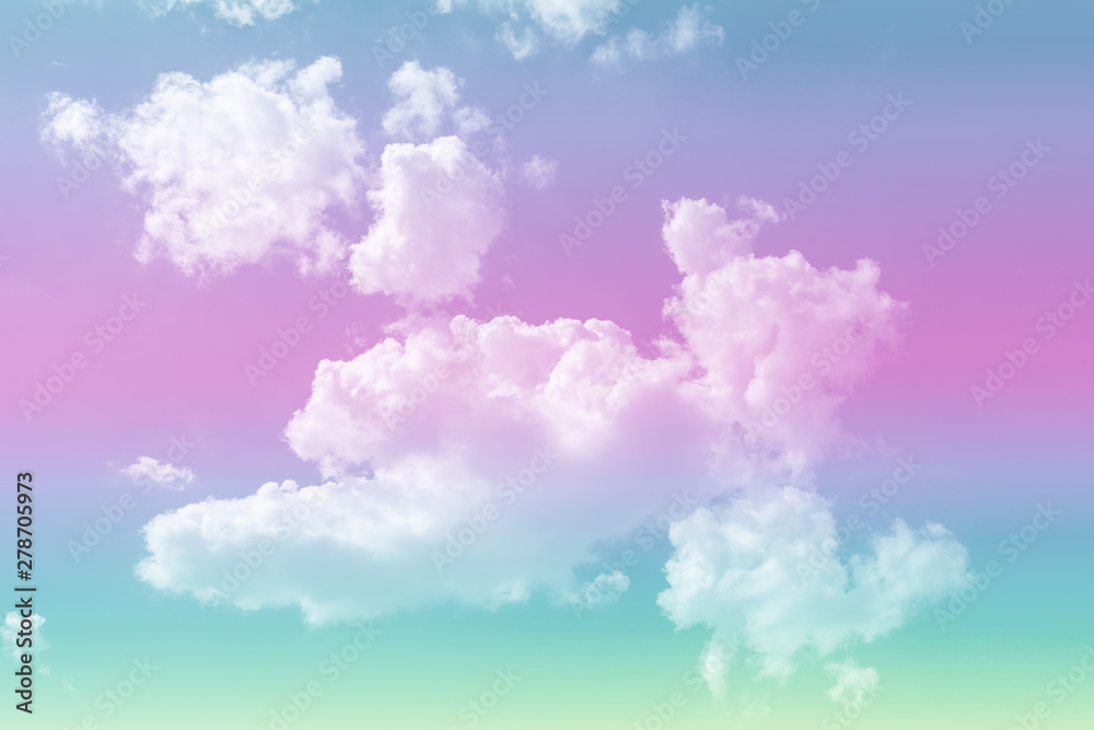 Sun and clouds background with a soft pastel color. Fantasy magical sunny sky pastel background with colorful cloudy sky.