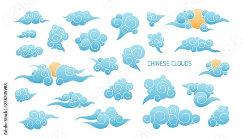 Bundle of blue clouds in traditional Japanese style isolated on white backgro...