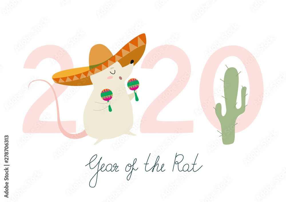 Chinese New Year 2020. Template with a funny rat and text. Creative for banner, postcard, card, poster. Vector illustration isolated on white background. Chinese New Year 2020. Template with a funny rat and text. Creative for banner, postcard, card, poster. Vector illustration isolated on white background.