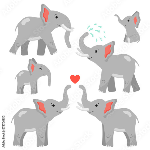 Set of cute cartoon elephants in different poses. African animals. Small baby elephants. Vector illustration. Isolated on white background. © Kristina