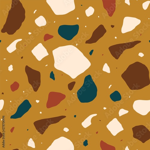 Terrazzo seamless pattern with colorful stone fragments. Decorative backdrop with mineral rock pieces scattered on orange background. Creative vector illustration for textile print, wrapping paper.