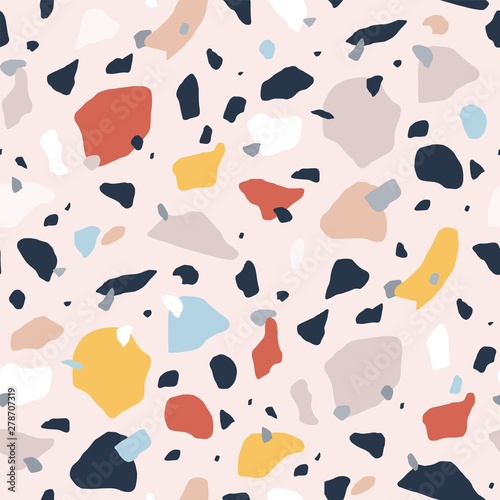Terrazzo seamless pattern with colorful rock pieces. Abstract backdrop with stone sprinkles scattered on light background. Modern vector illustration for fabric print, wrapping paper, flooring.