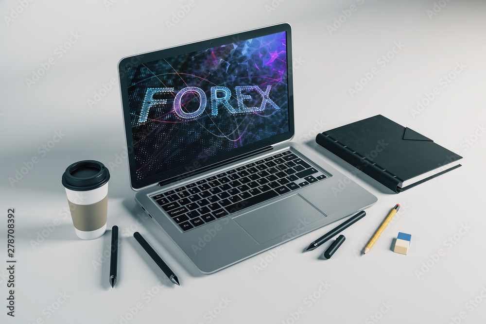 Laptop closeup with forex graph on computer screen. Financial trading and education concept. 3d rendering. Laptop closeup with forex graph on computer screen. Financial trading and education concept. 3d rendering.