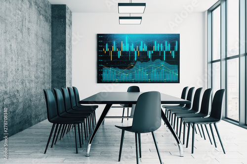 Conference room interior with financial chart on screen monitor on the wall. Stock market analysis concept. 3d rendering.