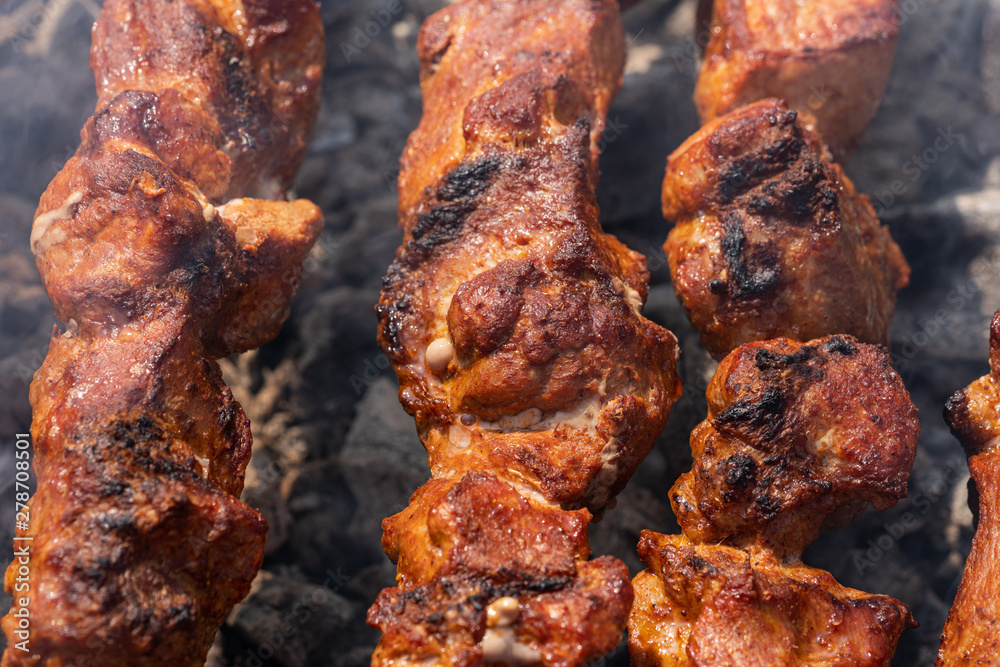 Tasty juicy pork barbecue cooking on metal skewers on charcoal outdoors grill with fragrant fire smoke. Cooking during summer picnic. Close-up view, selective focus on pieces of delicious roast meat.