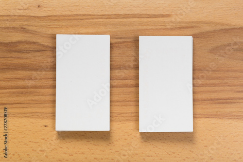 Mockup of business cards stack at wooden background. Design concept. Template for branding identity.
