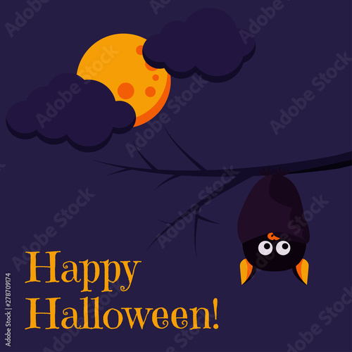 Beautiful cartoon style Happy Halloween greeting card with cute black bat hanging upside down on a branch