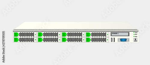 Carrier-class server size 1u white with eight 2.5-inch hard drives for mounting in a 19-inch rack. Vector illustration.