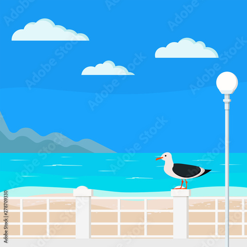 Illustration blue sea with quay, mountains, clouds, palms, street lantern, seagull on the parapet, sand
