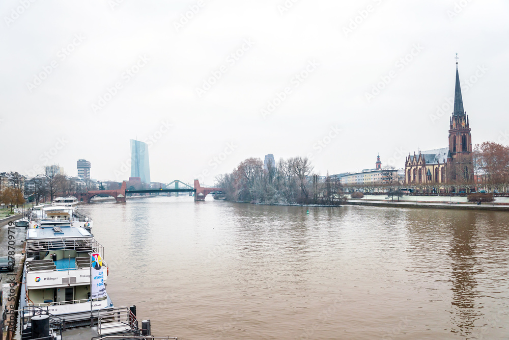 Frankfurt, Germany - June 12, 2019: River view of Frankfurt am Main.Frankfurt is the largest city in the German state of Hesse and the fifth-largest city in Germany
