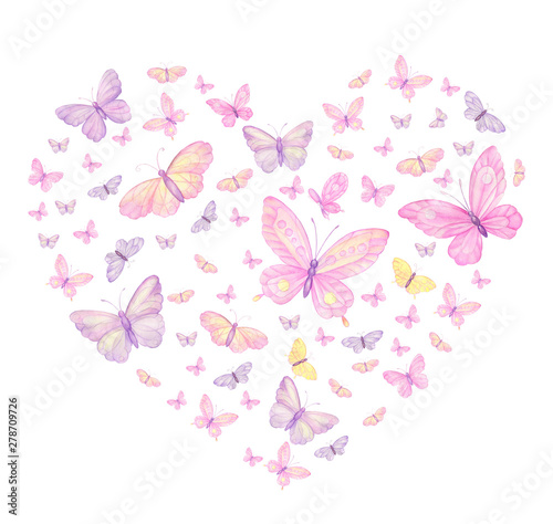 butterflies, butterfly heart, heart pattern, print, greeting card, watercolor on white background.