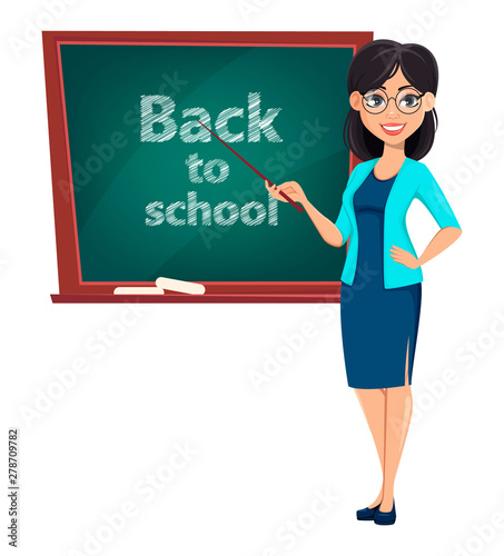 Back to school. Teacher woman cartoon character