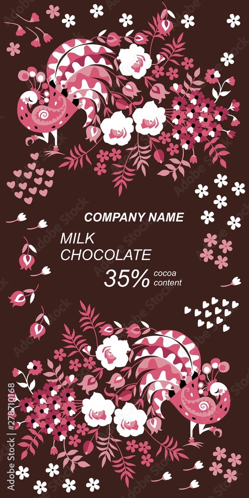 Chocolate bar package design with fairy peacocks, beautiful flowers and leaves on dark brown background. Ethnic motifs. Easy editable packaging pattern.