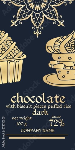 Premium golden packaging design of chocolate bars. Half of snowflake or mandala - flower, bisquit  and puffing rice on dark blue background. Easy editable packaging template.