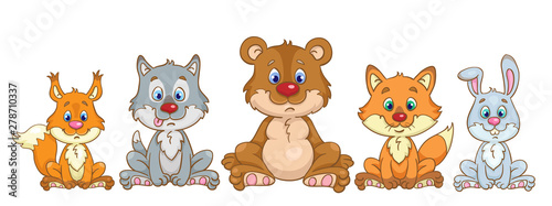 Forest dwellers. Teddy bear, wolf cub, little fox, rabbit and squirrel are sitting in a clearing.   In cartoon style. Isolated on white background.