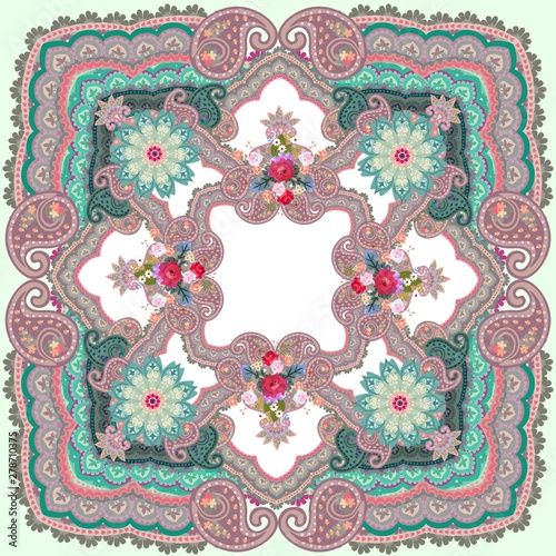 Ethnic shawl with paisley ornament, bouquets of garden flowers and mandalas on white background.