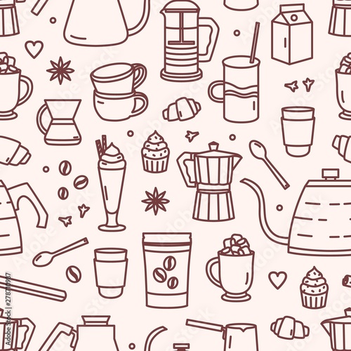 Seamless pattern with utensils for coffee brewing and sweet desserts drawn with contour lines on light background. Vector illustration in linear style for wrapping paper, textile print, wallpaper.