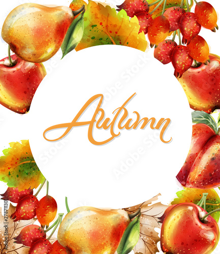 Autumn background with Apple, pear and peach Vector watercolor. Colorful card...