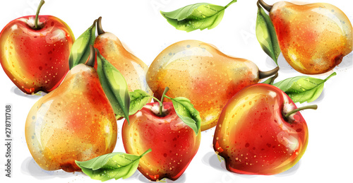 Apple, pear and peach Vector watercolor set. Colorful fruits detailed painted...