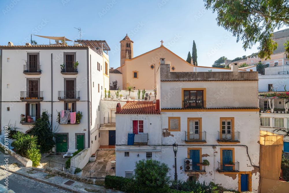 Typical street in historic center, Dalt Vila of Ibiza, Eivissa, Balearic Islands. Spain.