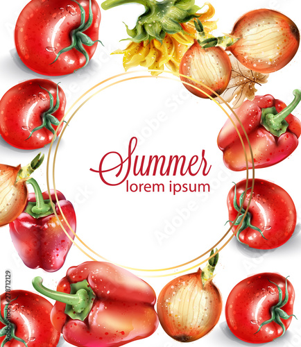 Vegetables watercolor Vector poster. Delicious tomatoes, red pepper and onion...
