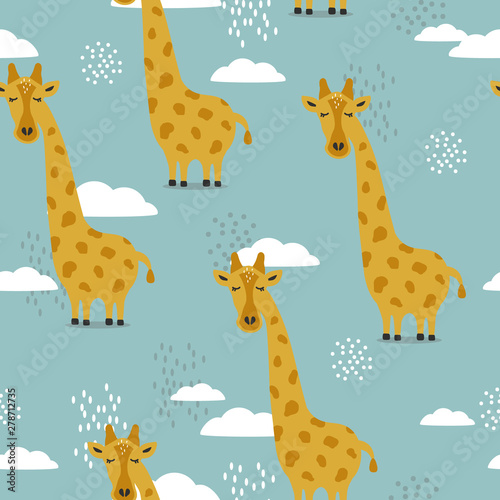 Giraffes, hand drawn backdrop. Colorful seamless pattern with animals, clouds. Decorative cute wallpaper, good for printing. Overlapping background vector. Design illustration