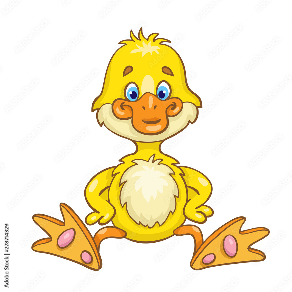 Little cute yellow duckling in cartoon style. Isolated on white background.
