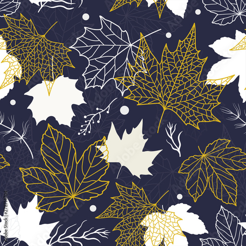 Elegant beautiful floral leaves seamless pattern, hand drawn maple leaves, creative line art background, great for fall seasonal fabric fashion prints, autumn banners, wallpapers vector surface design