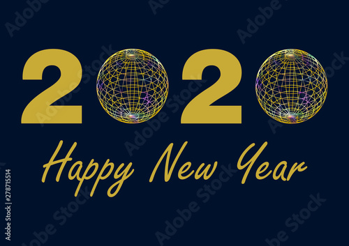 Jahreszahl 2020 in gold, wobei die Nullen durch bunte Drahtkugeln ersetzt wurden auf dunkelblauem Hintergrund. Unterhalb der Jahreszahl steht in gold der Schriftzug “Happy New Year”. 
