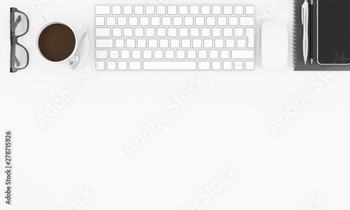 Office desk with keyboard, phone, glasses, and coffee cup top view on white background, workspace design illustration 3D rendering
