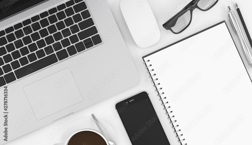 Office desk with blank empty book, computer notebook, glasses, phone and coffee cup top view on white background, workspace design illustration 3D rendering Office desk with blank empty book, computer notebook, glasses, phone and coffee cup top view on white background, workspace design illustration 3D rendering