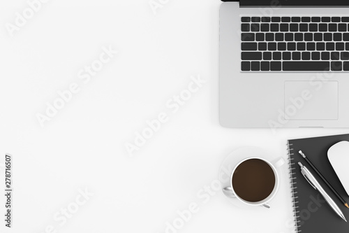 Office desk with computer notebook, pen, pencil, mouse and coffee cup top view on white background, workspace design illustration 3D rendering