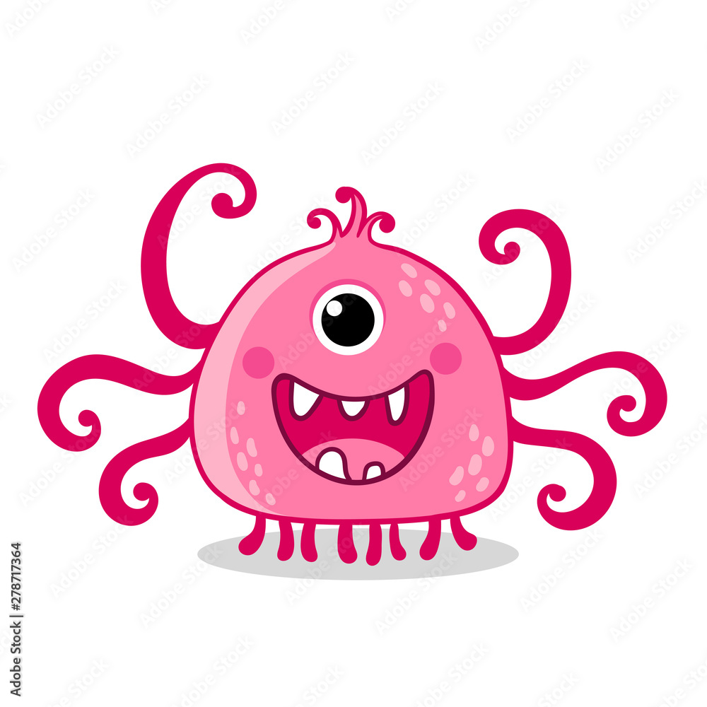 Pink alien with one eye is smiling on a white background. Pink alien with one eye is smiling on a white background.