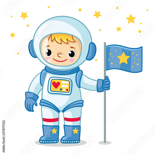Young cosmonaut in a spacesuit is standing on the planet and holding a flag in his hand.