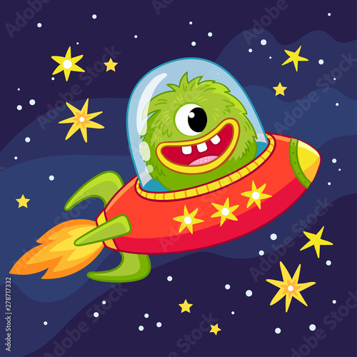 Alien monster flying in a spaceship. Vector illustration in cartoon style on the space theme.