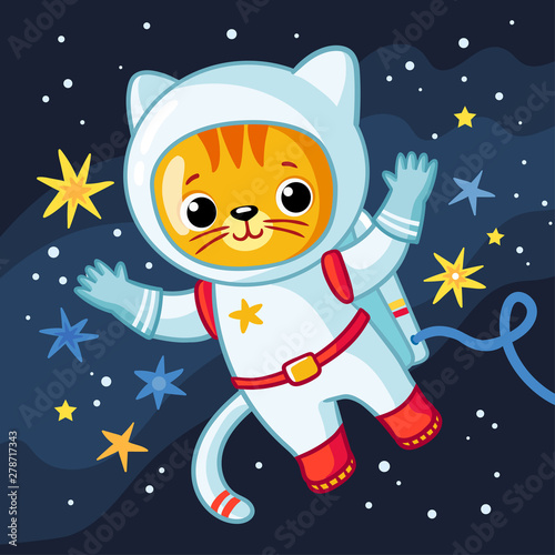 Cute cosmonaut cat in a spacesuit flies in outer space.