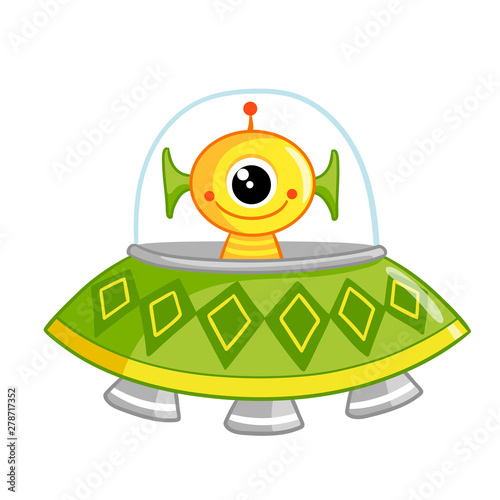 Cute space monster sitting in a flying saucer. The newcomer on a white background in a spaceship.