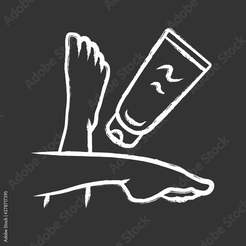 Moisturizing leg cream, sunblock chalk icon. Feminine hygiene, body care isolated vector chalkboard illustration. Cosmetology, skincare product, suntan protection. Woman feet and lotion tube