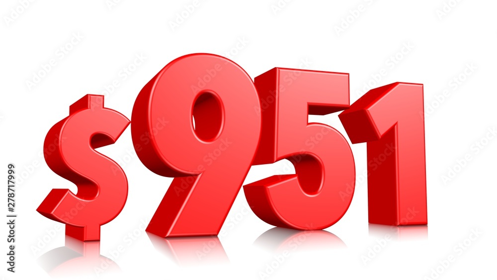 951$ Nine hundred and fifty one price symbol. red text number 3d render with dollar sign on white background 951$ Nine hundred and fifty one price symbol. red text number 3d render with dollar sign on white background