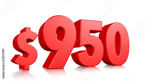 950$ Nine hundred and fifty price symbol. red text number 3d render with dollar sign on white background