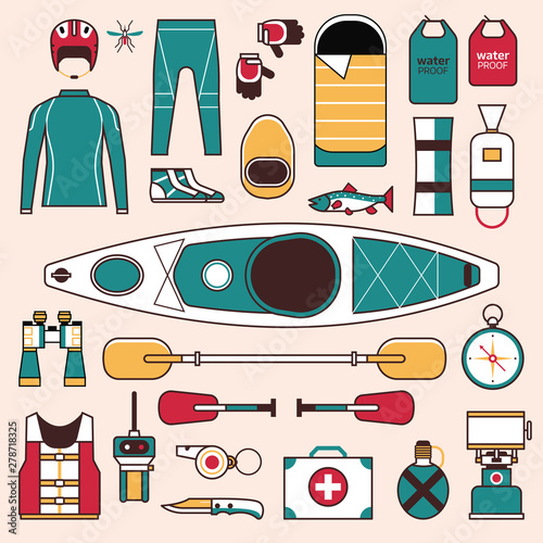 Kayaking Gear and Elements Line Icons Set