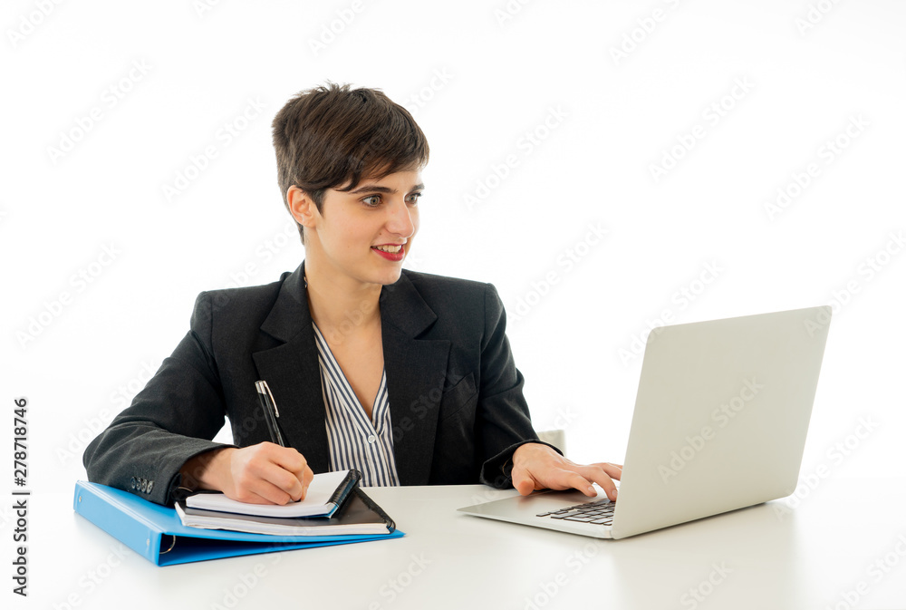 Portrait of happy attractive young businesswoman working on her Portrait of happy attractive young businesswoman working on her