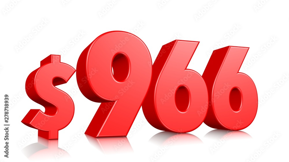 966$ Nine hundred and sixty six price symbol. red text number 3d render with dollar sign on white background 966$ Nine hundred and sixty six price symbol. red text number 3d render with dollar sign on white background