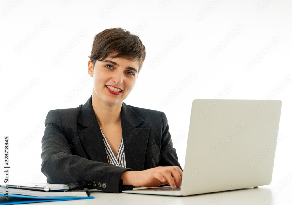 Portrait of happy attractive young businesswoman working on her Portrait of happy attractive young businesswoman working on her